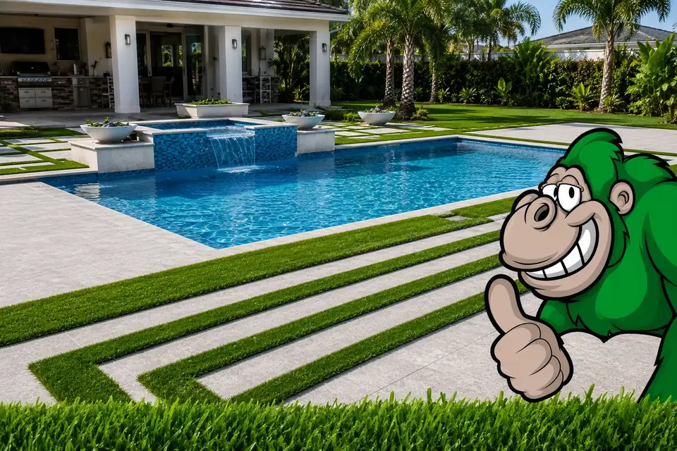 Illustration of an artificial turf and paver pool deck