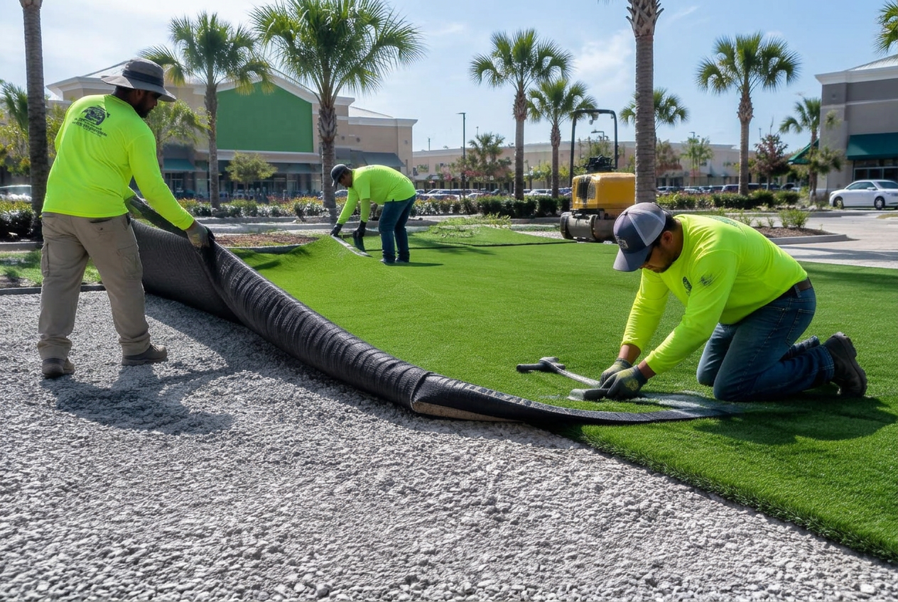 Commercial artificial turf installation crew rolling out turf at a Tampa retail plaza