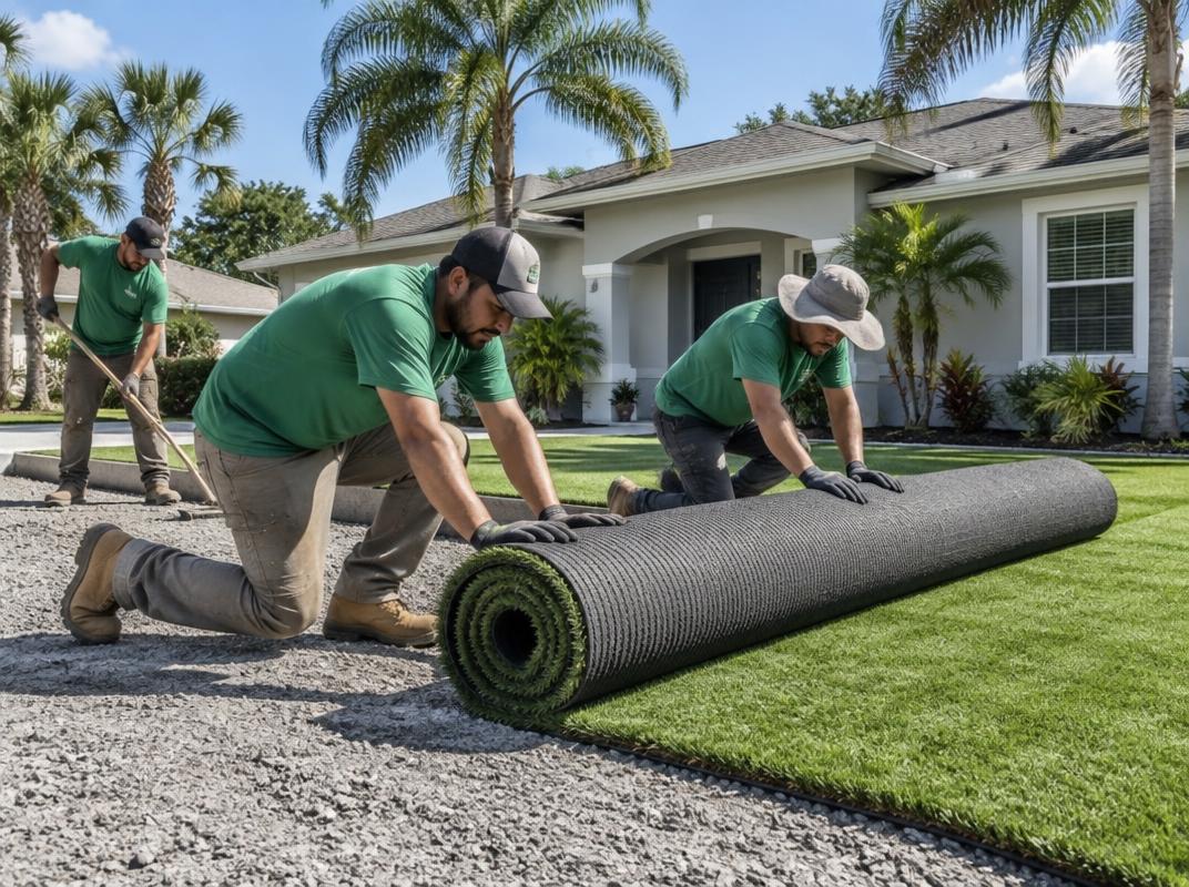 Green Gorilla Turf in-house crew installing affordable residential turf in Tampa, Florida