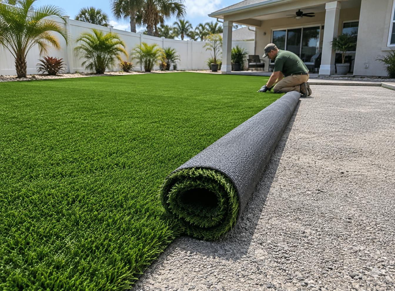 Installer laying artificial turf over a prepared base in a Florida residential backyard