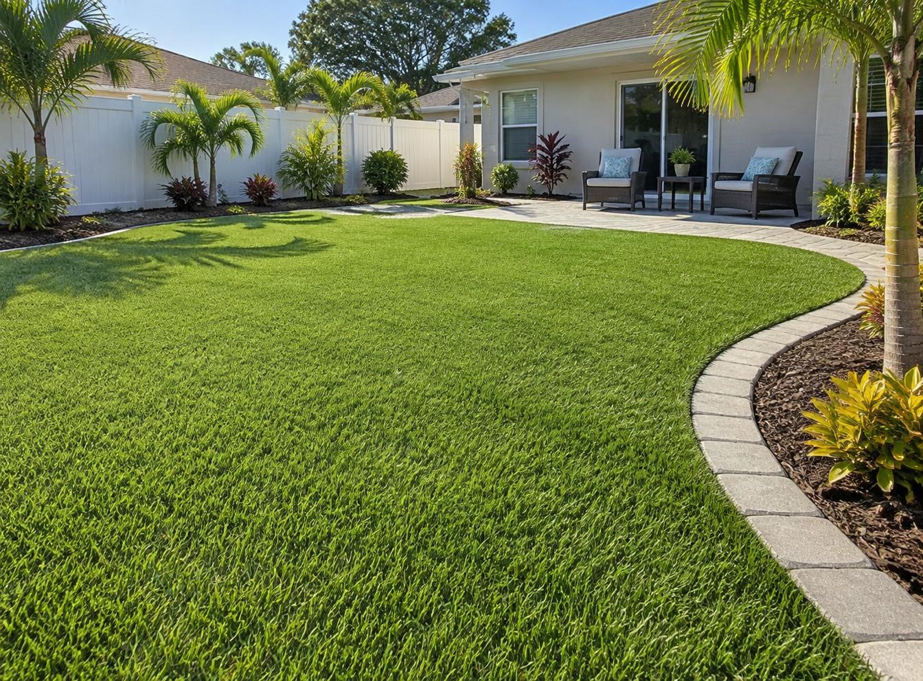 Finished residential artificial turf lawn with precise paver edging in a Florida backyard