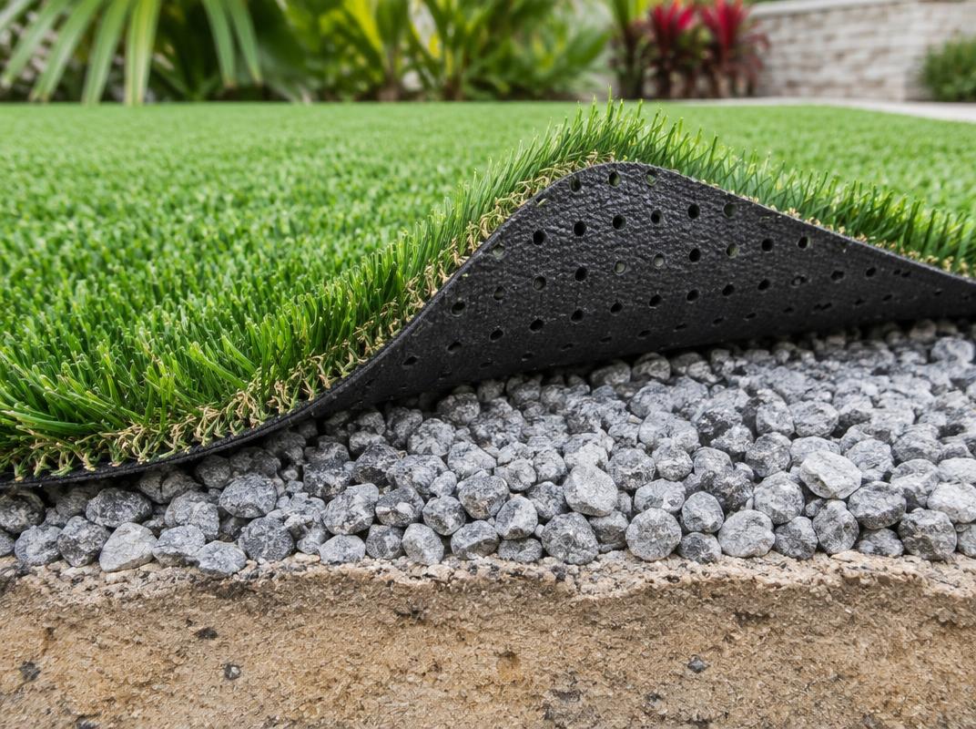 Illustration of artificial turf with perforated backing folded back over a crushed-stone drainage base