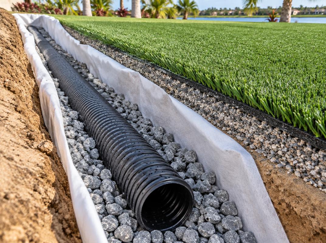 Illustration of a perforated drain pipe in a gravel trench beside an artificial turf lawn